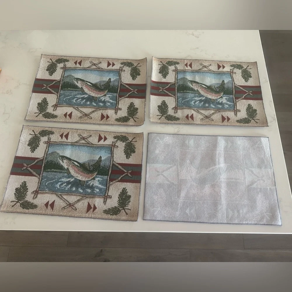 Set of 4 Rustic Trout Lodge Woven Placemats Cabin Fishing Decor